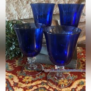 4 Vintage Cristal d'Arques Sapphire Water Glasses Goblets Cobalt Blue 6.5" EC
